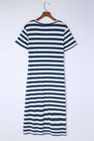 Striped V-Neck Short Sleeve Side Slit Dress