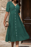 Perfee V-Neck Button Up Balloon Sleeve Midi Dress