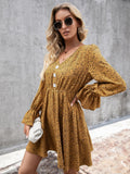Ivy Lane Decorative Button V-Neck Flounce Sleeve Dress